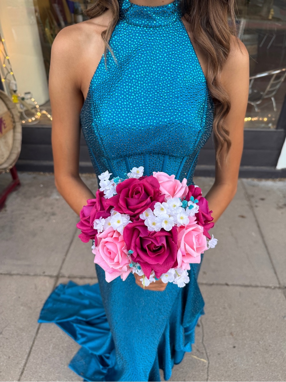 Sherri Hill 57790 - Size 000 Halter Neckline Ruffle Slit Evening Dress Peacock